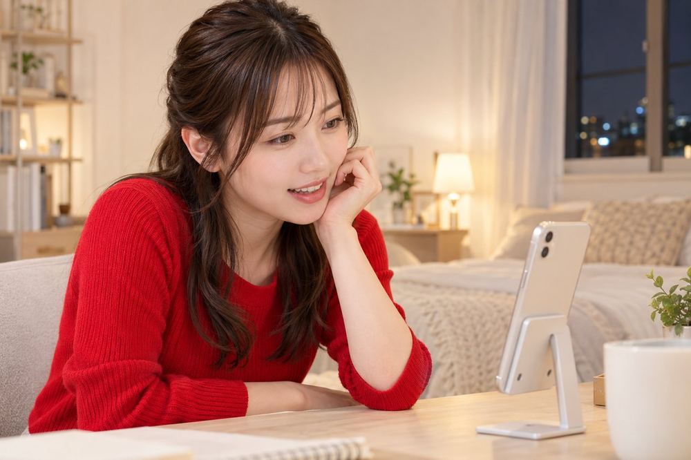 女性が夜の自室で、小さめの声で落ち着いてスマホに向かって話している