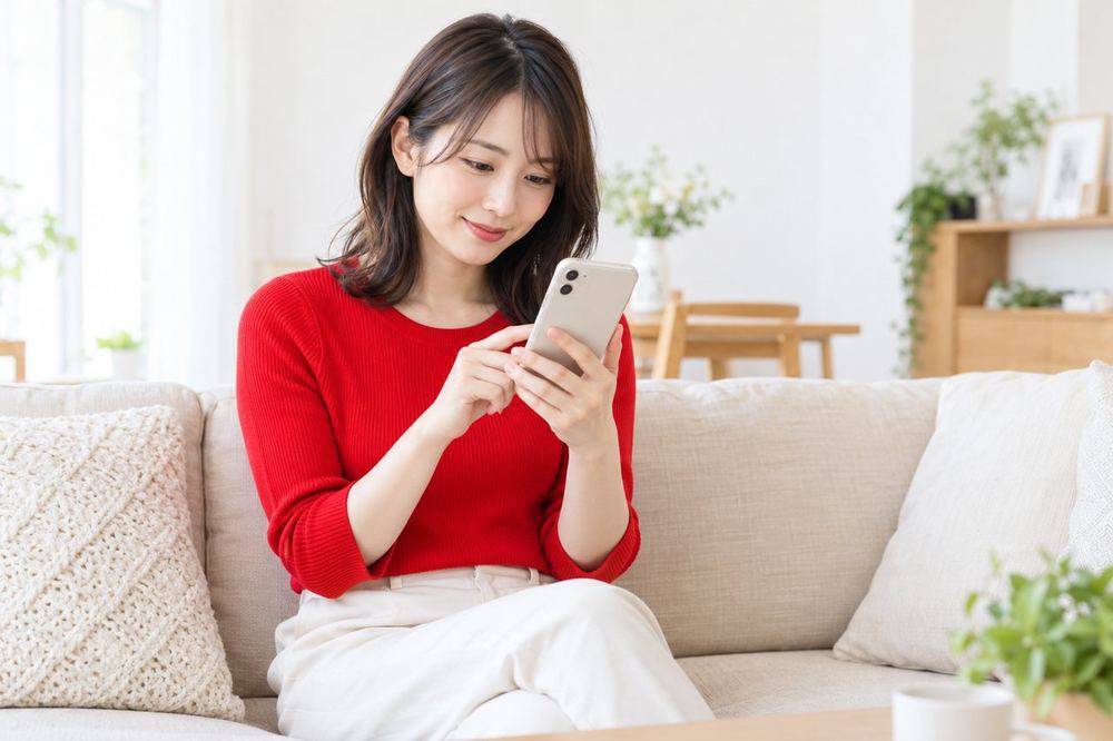 女性がソファに座り、スマホの画面を見ながら配信の条件を確かめている