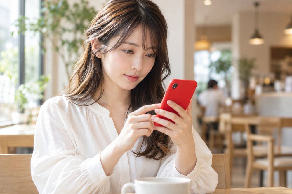 成人した女性がカフェでスマホを手に、落ち着いた表情で画面を見ている