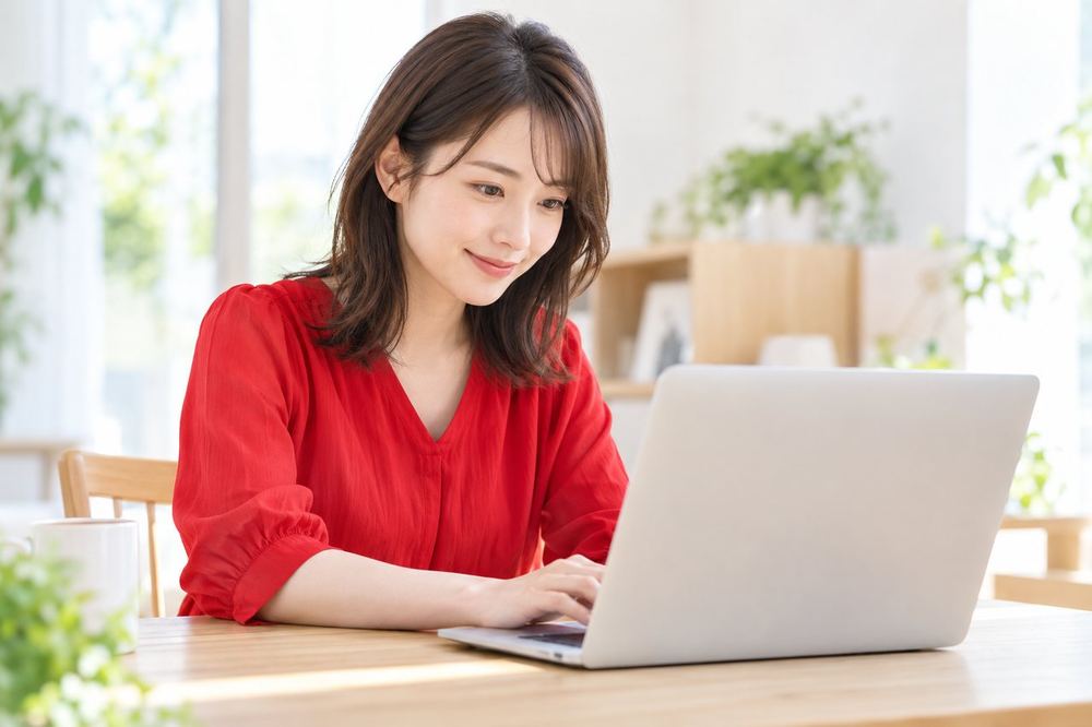 女性が机でノートパソコンを開き、画面の案内を読みながら申請を進めている