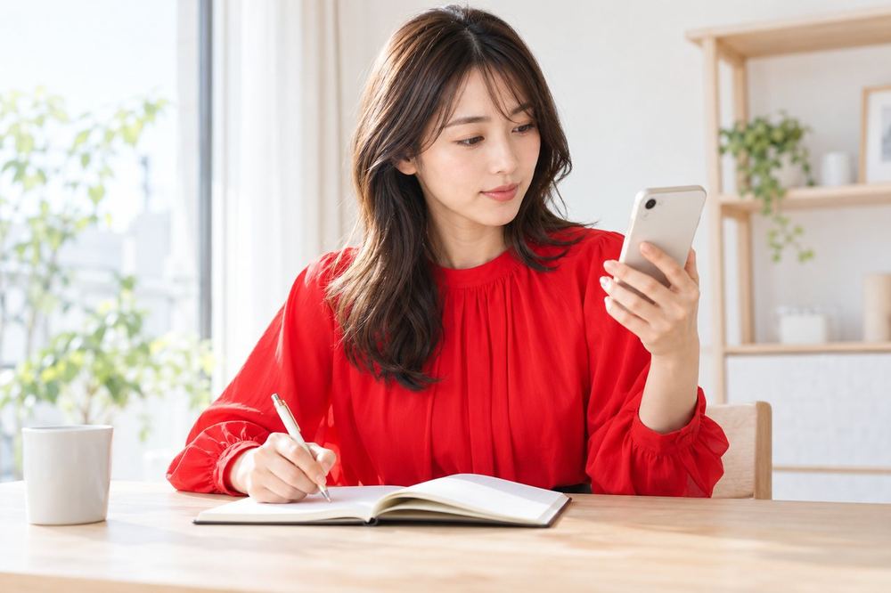 女性がスマホの画面を見ながら、ノートに条件を書き出している