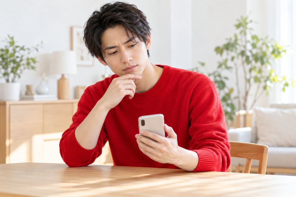 男性がスマホの設定画面を開き、首をかしげて原因を探している