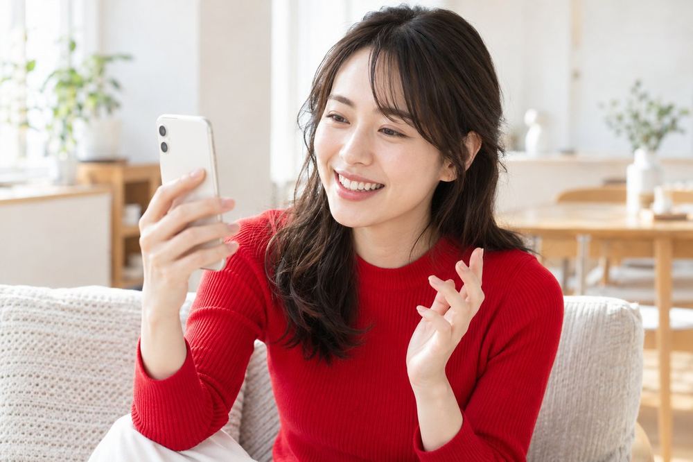 女性がスマホを持ち、画面の向こうの相手と笑顔で話している