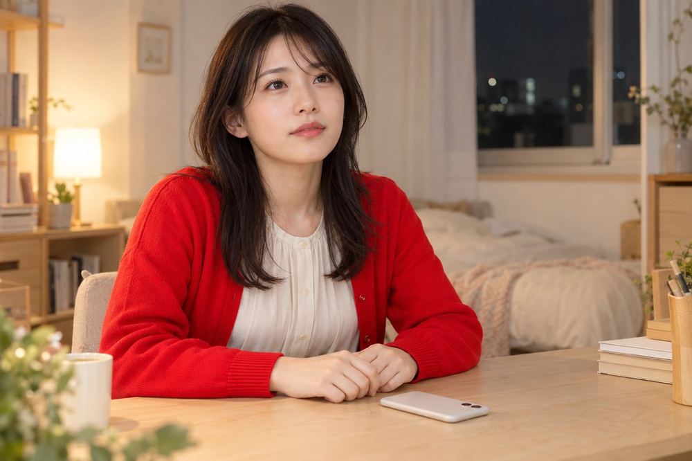 夜の部屋でスマホを机に置き、肩を落としながらも前を向こうとしている20代の女性