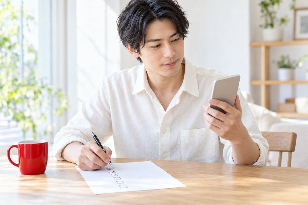 机でスマホの設定画面を一つずつ確かめながら、チェックリストに印をつけている男性