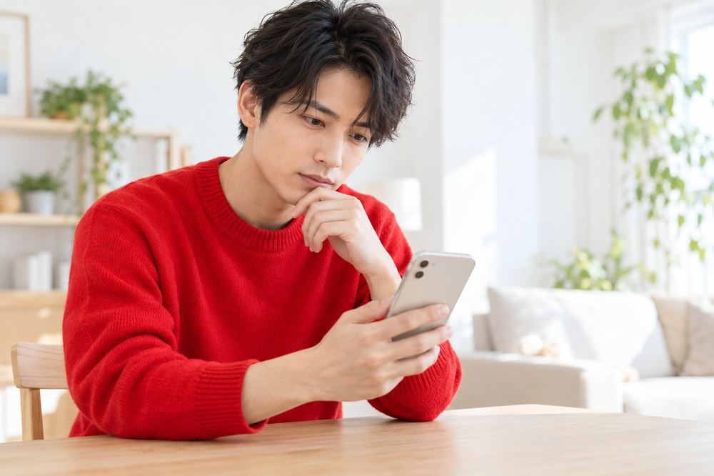 スマホで他の人の配信を見て、画面のギフトの数を見比べて考えている若い男性