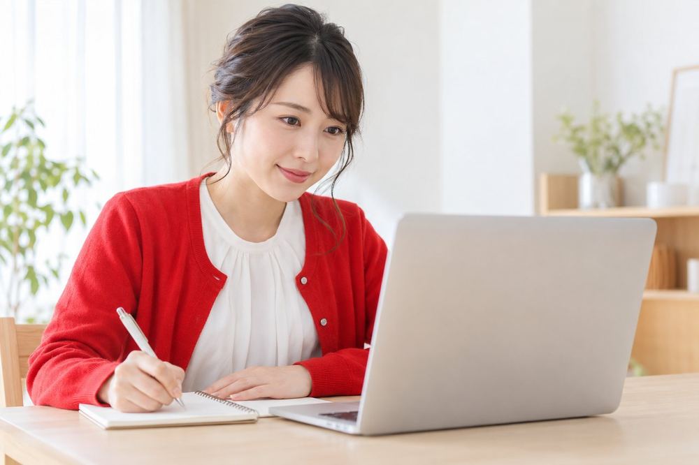 ノートパソコンで過去の配信の録画を見返しながら、気づいたことをメモしている女性