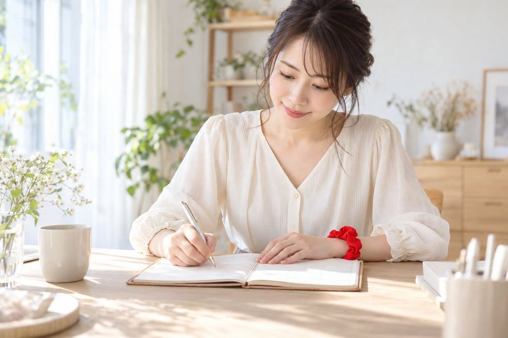 手帳に一週間の配信の予定を書き込みながら、無理のない時間帯を考えている女性