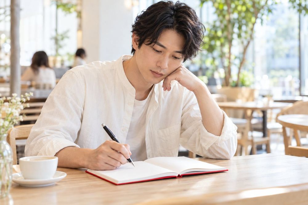 カフェでノートを広げ、質問したいことを書き出しながら事務所の面談に備えている男性