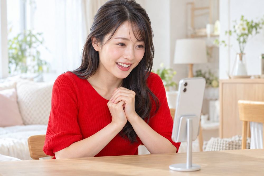 スマホの配信画面を見ながら、届いたギフトに笑顔でお礼を言っている女性