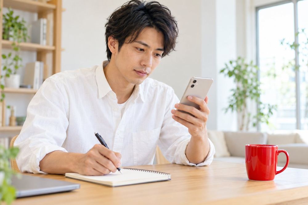 机でスマホの設定画面を見ながら、条件を一つずつメモに書き出している男性