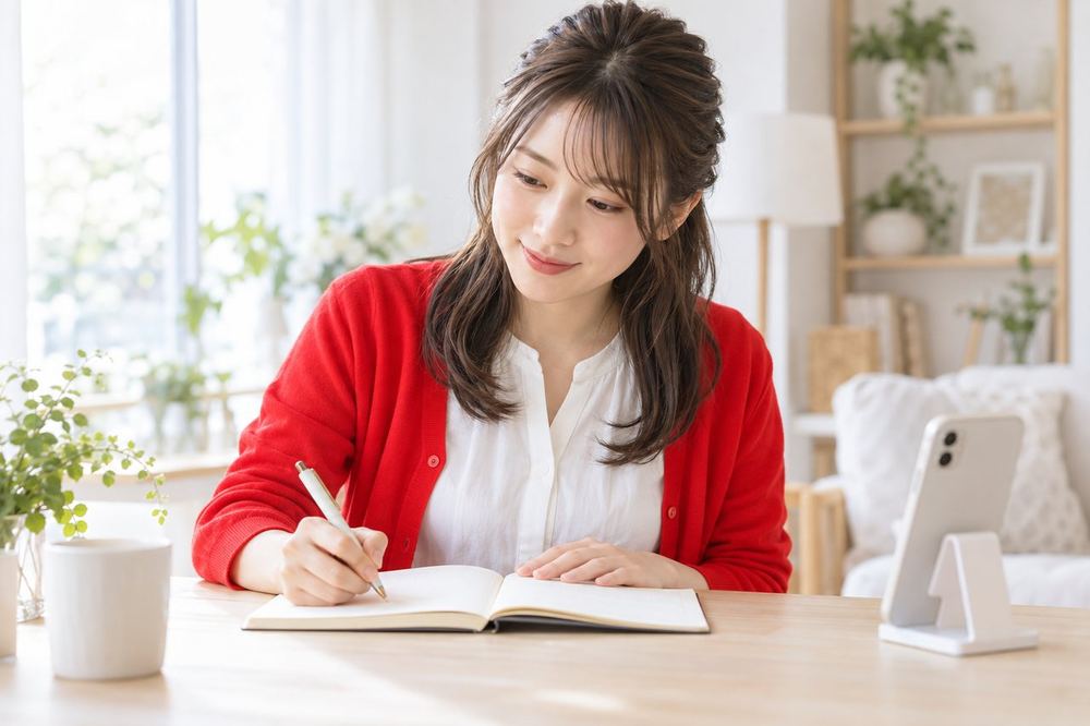 ノートに配信の記録を書き込みながら、次の配信の改善点を考える女性