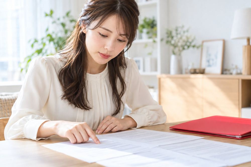 契約書の書類を机に広げ、報酬の説明を一行ずつ読んで確かめる女性