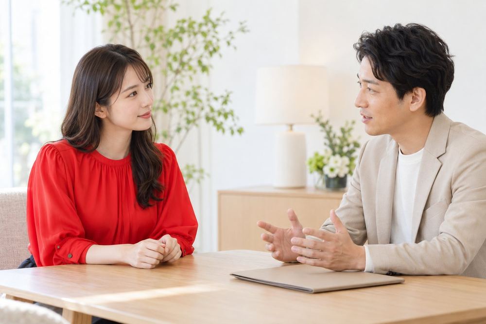 明るい面談スペースで、報酬のしくみについてマネージャーと向かい合って話す女性