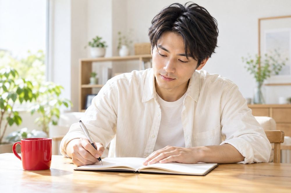 男性がテーブルにノートを広げて、通知の種類を一つずつ書き出して整理している