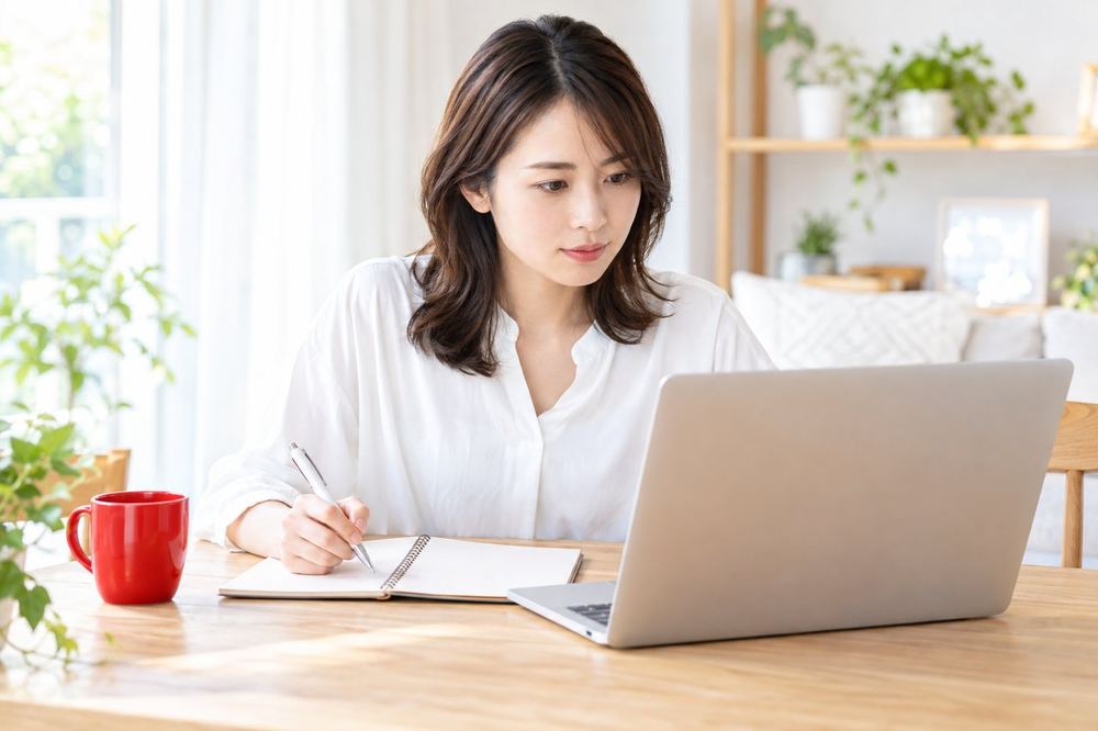 女性がパソコンの前で、ガイドラインのページを読みながら要点をメモしている