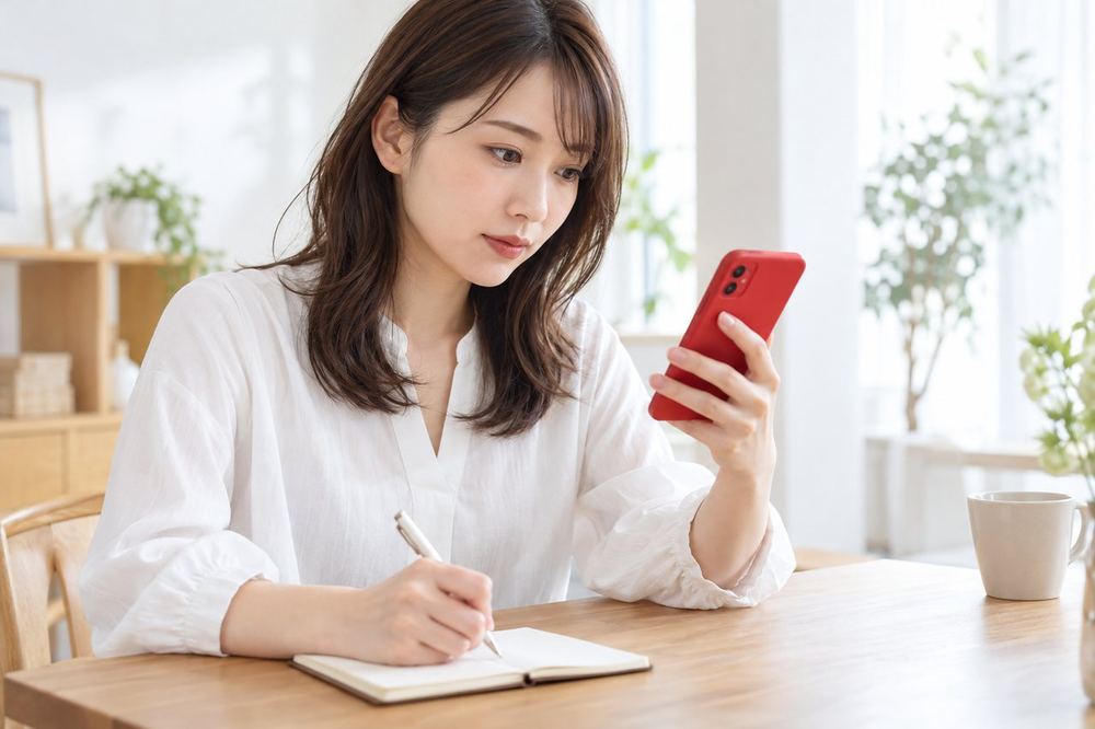 女性がスマホで通知の詳細画面を開き、画面を見ながら手元のメモに日付を書き留めている