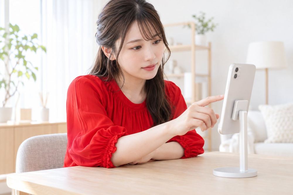 女性がスタンドにスマホを置いて、配信前にコメントの設定画面を一つずつ確かめている