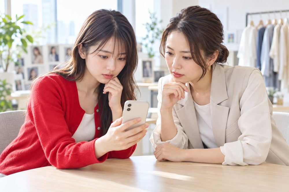 女性がマネージャーと向かい合い、届いた通知の画面を一緒に見ながら相談している