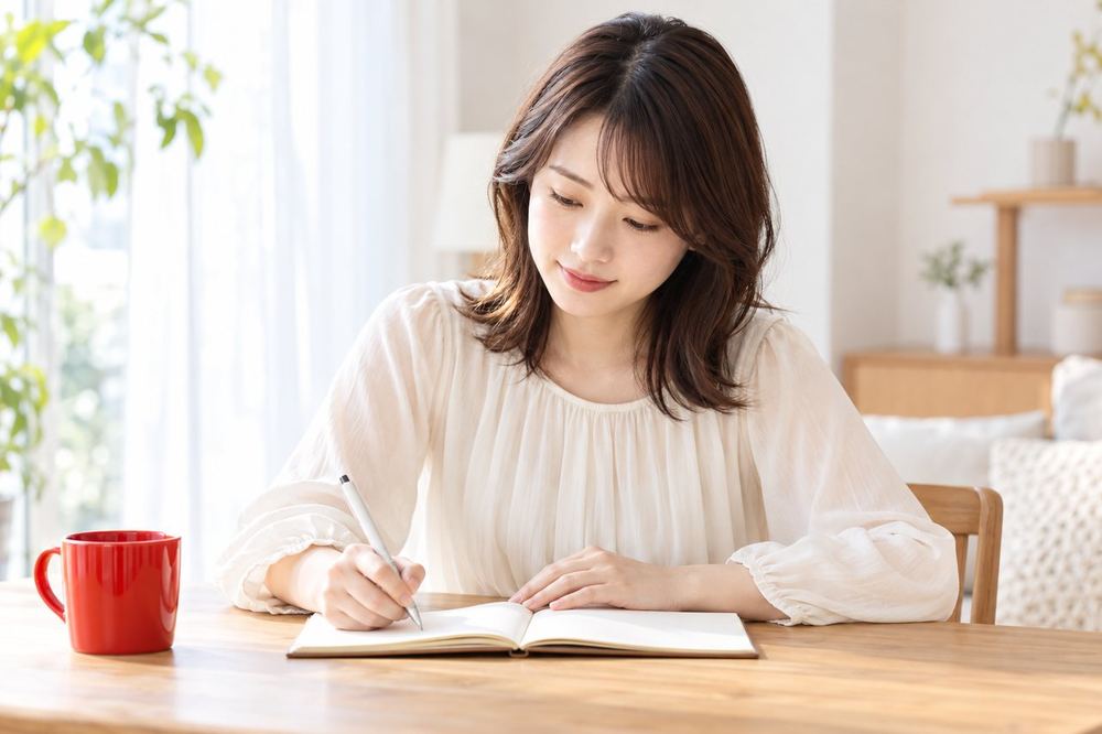 部屋のテーブルでノートを広げ、次の配信でやることを書き出している20代の女性