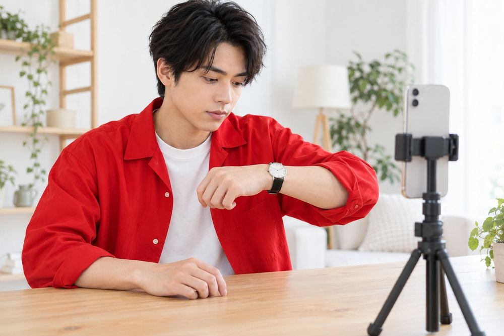 スマホを三脚に立てて、時計を見ながら配信の流れを確かめている20代の男性