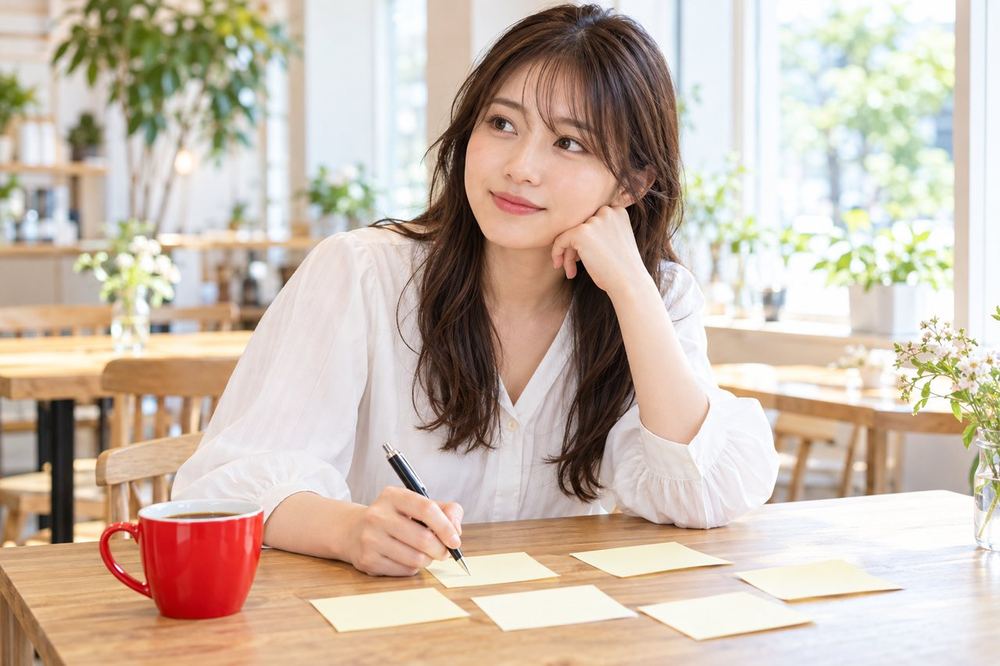 カフェの席で、付箋に好きなことや得意なことを書き並べている20代の女性