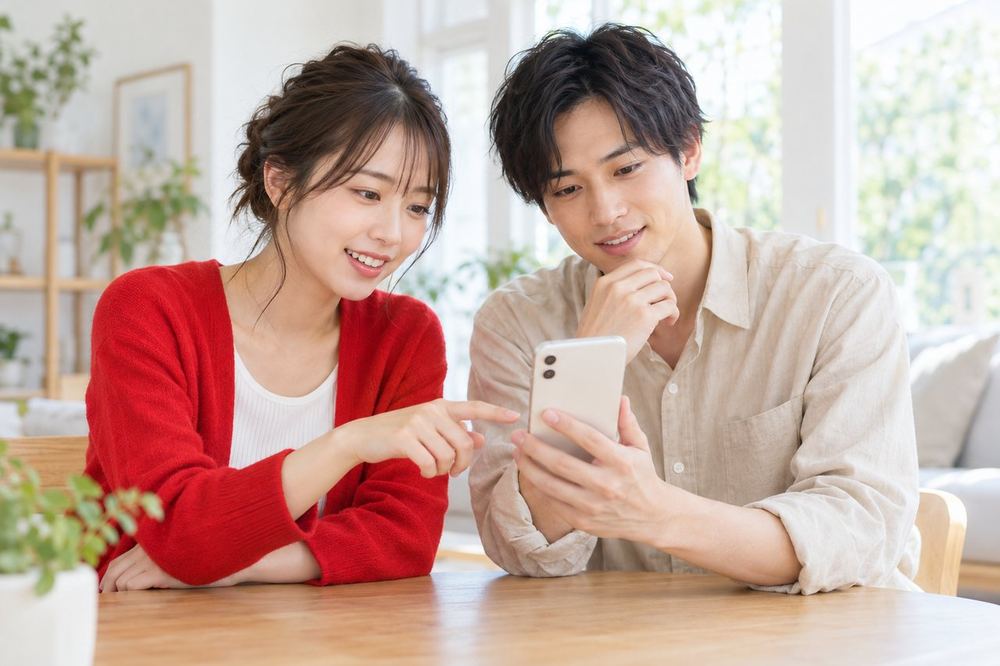 スマホの配信画面を見ながら、友達と一緒に配信の進め方を相談している20代の男女