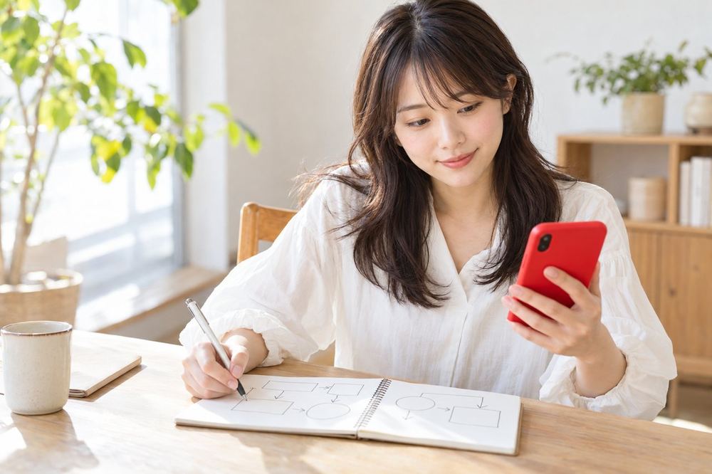 机の上のノートに企画の流れを図にして書き込み、スマホで時間を測っている20代の女性