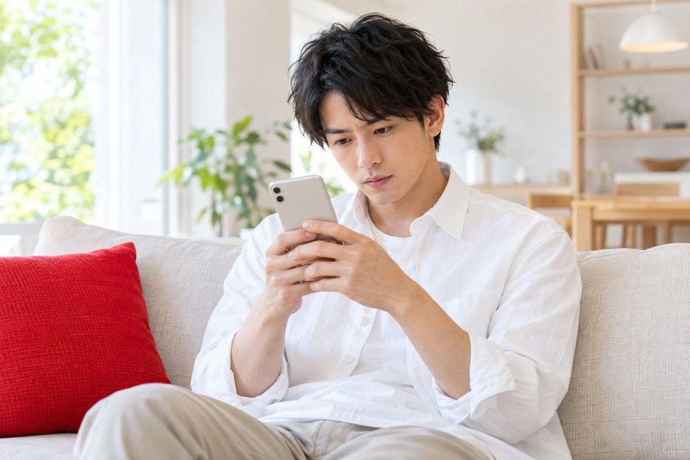 ソファでスマホのガイドラインのページを開き、真剣な表情で読んでいる20代の男性
