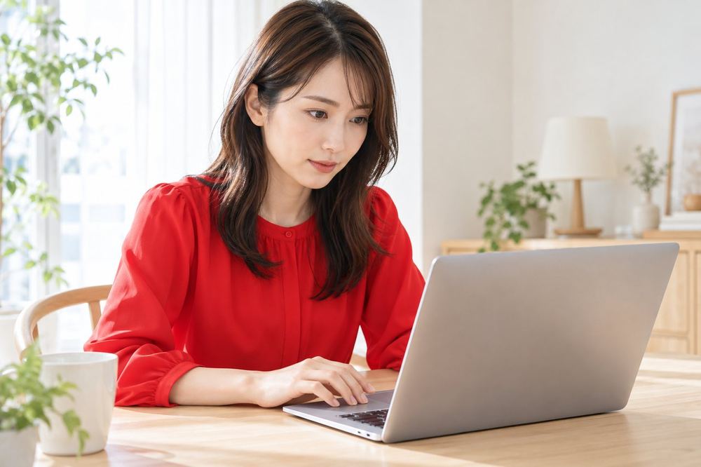 女性がデスクでノートパソコンを開き、ルールのページを一つずつ読んで確認している