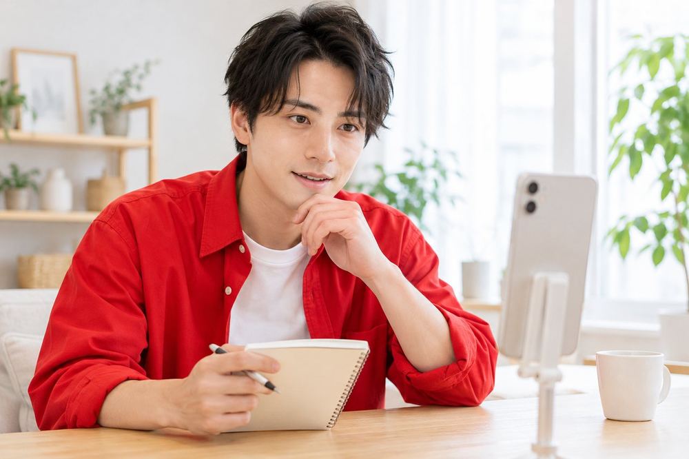 男性がスマホの前でカメラを見つめ、配信を始める前に内容を確認している