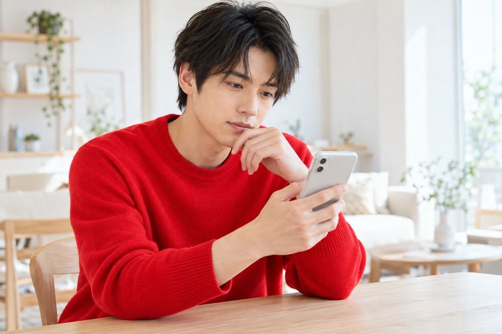 男性がスマホのギフト画面を見ながら、視聴者への声かけの仕方を考えている