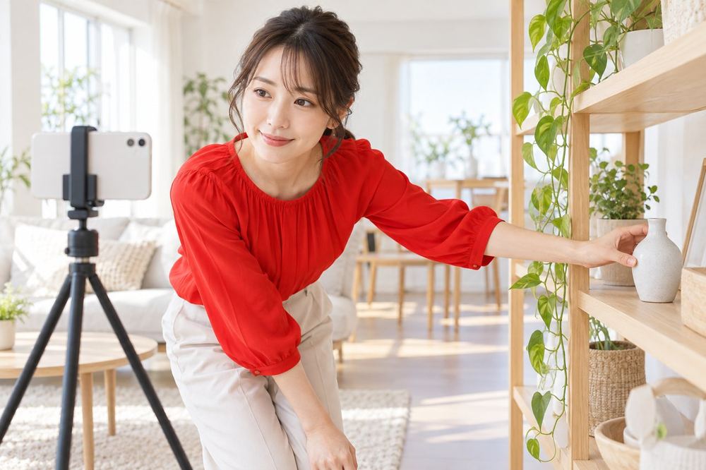 女性が部屋の背景を整え、カメラに映るものを一つずつ確認している