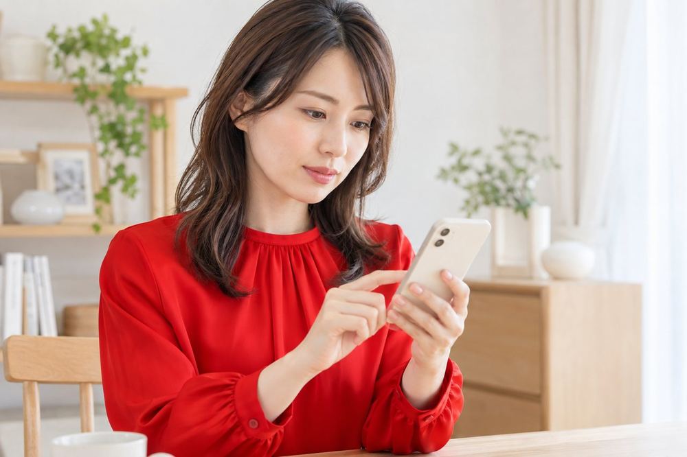 女性が落ち着いた表情でスマホの通知画面を読み、内容を確認している