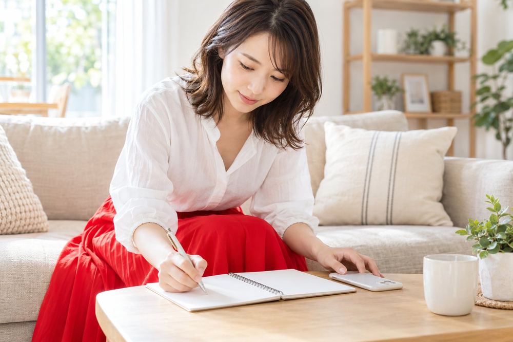 女性がソファでノートとスマホを並べ、配信でやることを箇条書きにして整理している