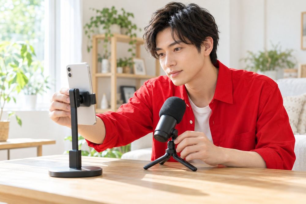 男性が机の前で、スマホをスタンドに立てて、カメラの角度とマイクの位置を調整している