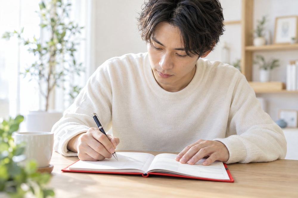 男性が手帳を開き、1週間の配信の予定を、時間と内容ごとに書き込んでいる