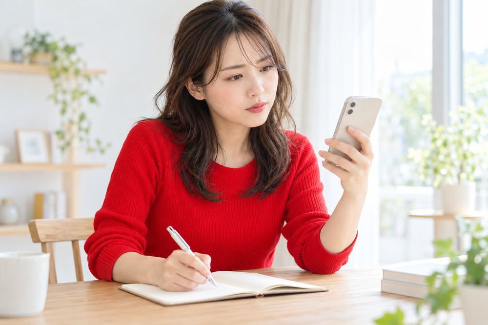 女性が窓辺の机でスマホを見ながら、少し困った表情で、次に試すことをノートに書き出している