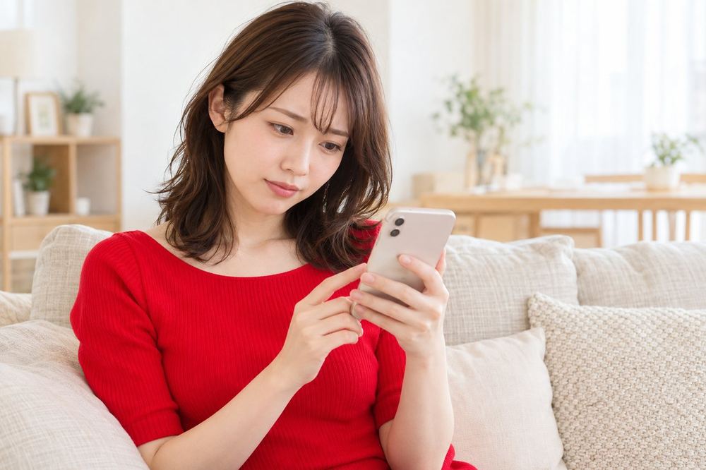 20代の女性がソファでスマホのLIVE報酬の画面を見て、自分のリーグの表示を不思議そうに確かめている