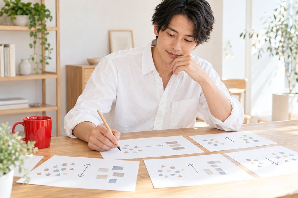 30代の男性が机にメモを広げて、リーグとかけらの増減を矢印で整理している