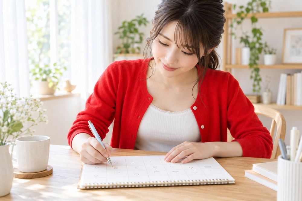 20代の女性がデスクのカレンダーに月曜日の印を付けて、週ごとの配信の予定を書き込んでいる