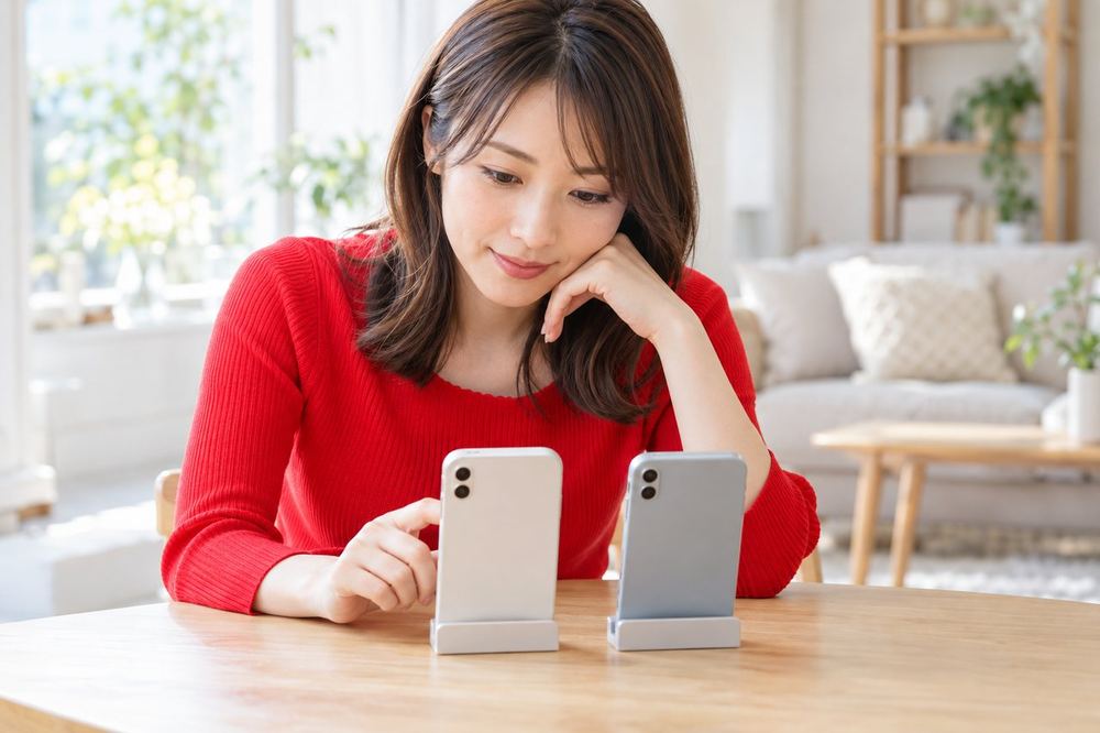 30代の女性がテーブルでスマホを2台並べ、LIVEのランキング画面と報酬画面を見比べている