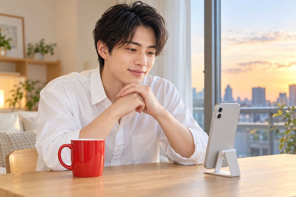 20代の男性が夕方の窓辺でスマホを置き、深呼吸をしてから配信の準備を始めている