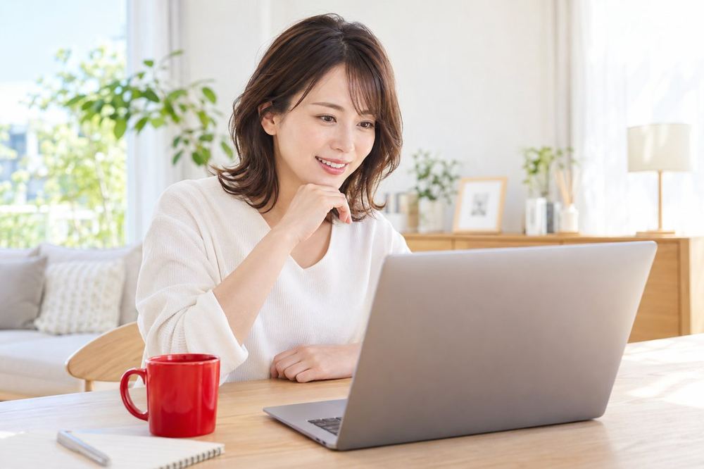 30代の女性が自宅の机でノートPCを開き、画面の向こうのマネージャーとビデオ通話で配信の相談をしている