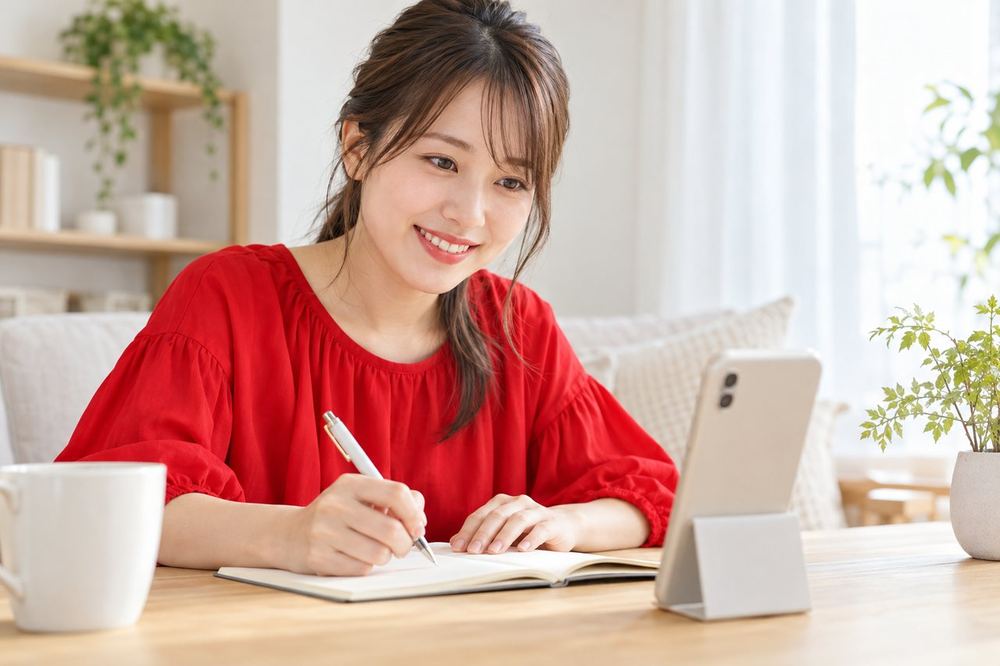 女性が明るい部屋で、スマホの配信画面を見ながら、来てくれた人の名前をノートに書き留めている
