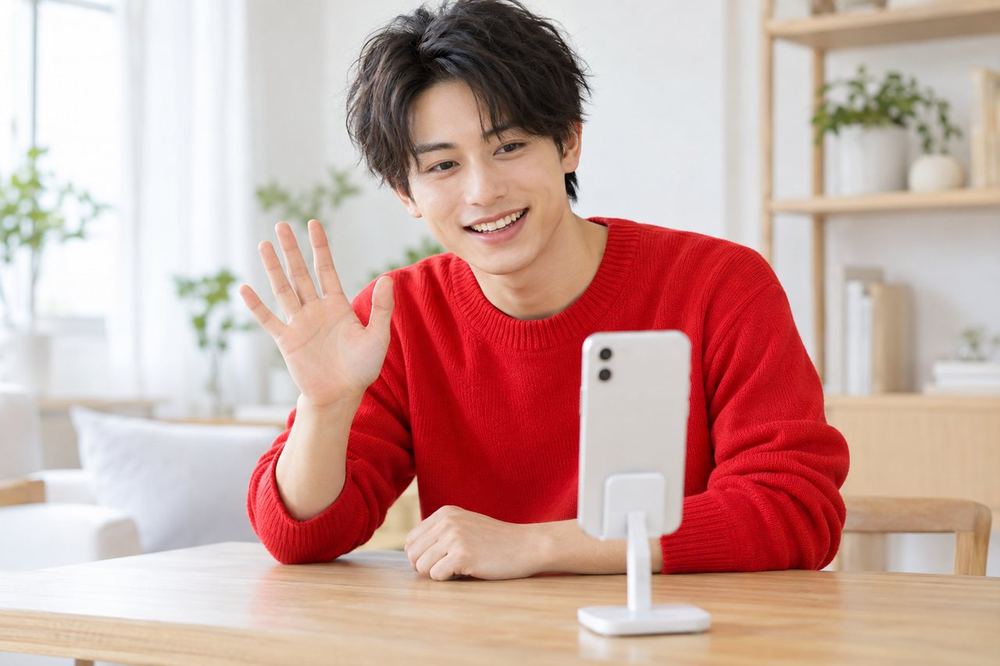 男性がスマホに向かって笑顔で手を振り、配信の始まりのあいさつを練習している