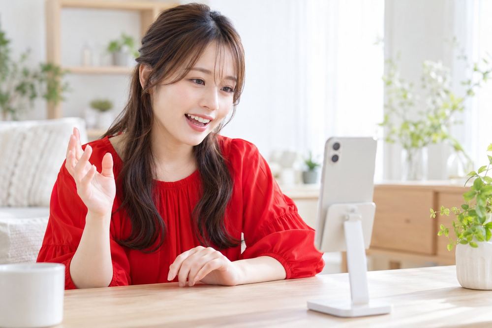 女性がスマホのコメント欄を見ながら、笑顔で視聴者に話しかけている