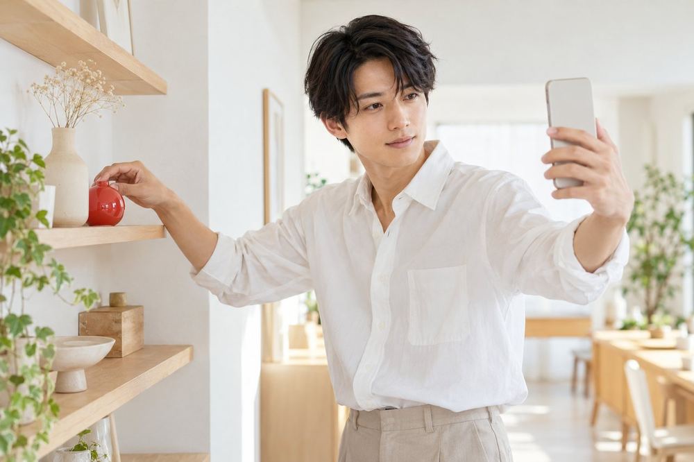 男性が部屋の壁際で、背景の小物を整え、スマホのカメラで映り方を確かめている