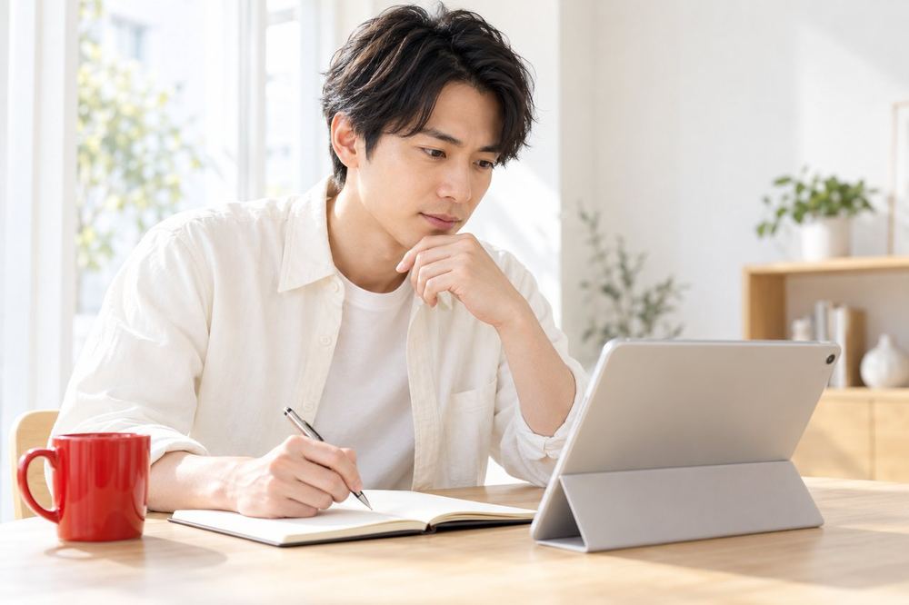 男性がタブレットで配信後の数字の画面を見ながら、気づいたことをメモしている