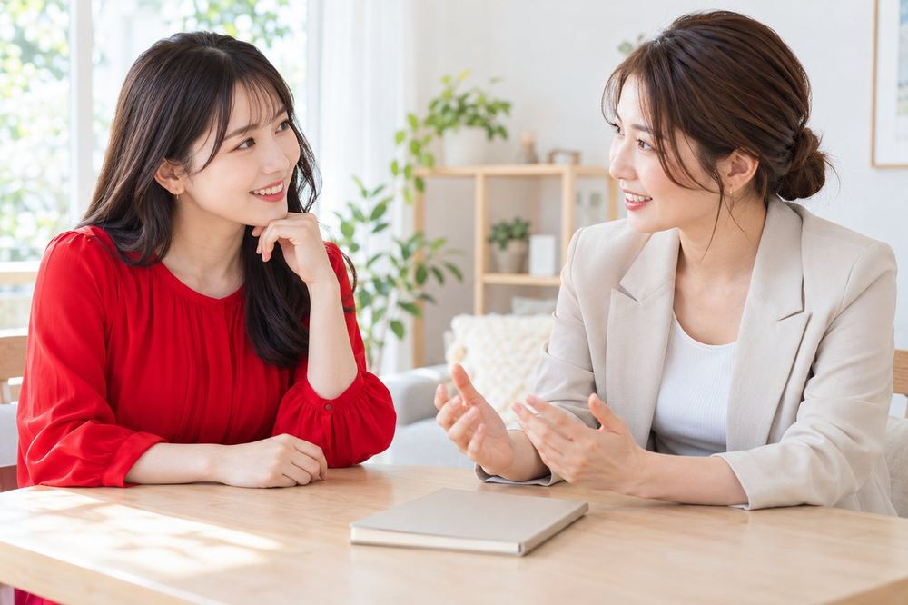 女性が明るい部屋で、マネージャーと向かい合い、配信のはじめの一言を一緒に考えている